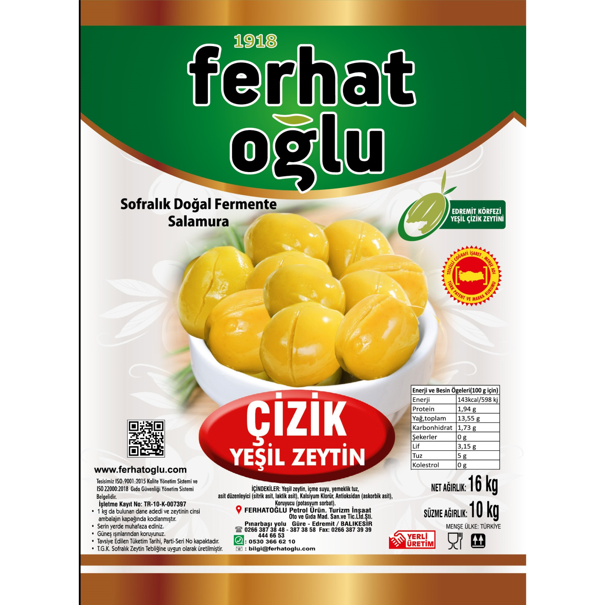 YEŞİL ÇİZİK ZEYTİN 3 NO - 10 KG TENEKE