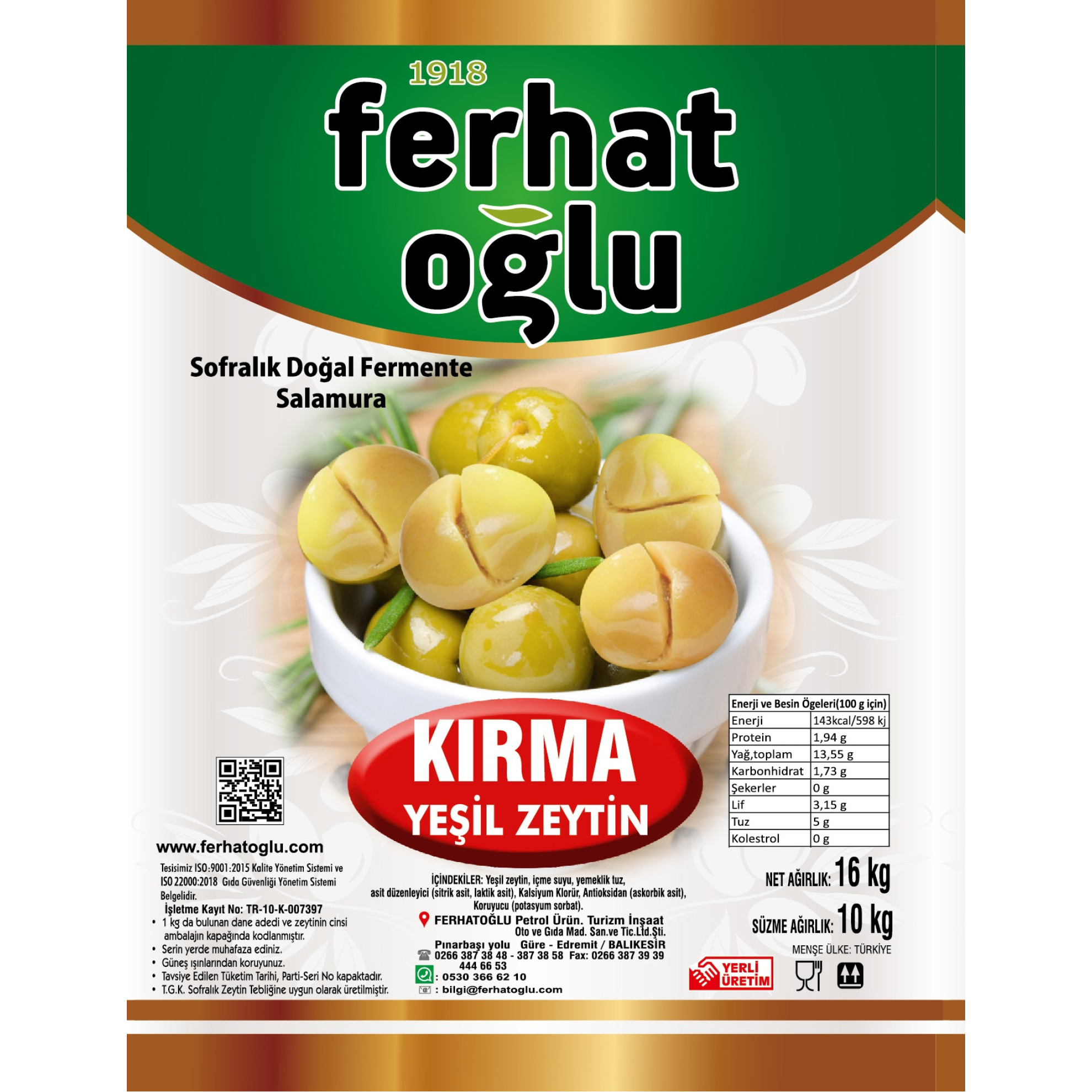 YEŞİL KIRMA ZEYTİN - 10 KG TENEKE